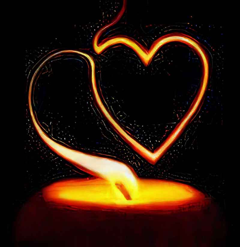 Une bougie allumée avec une flamme qui dessine la silhouette d'un cœur dans l'obscurité.